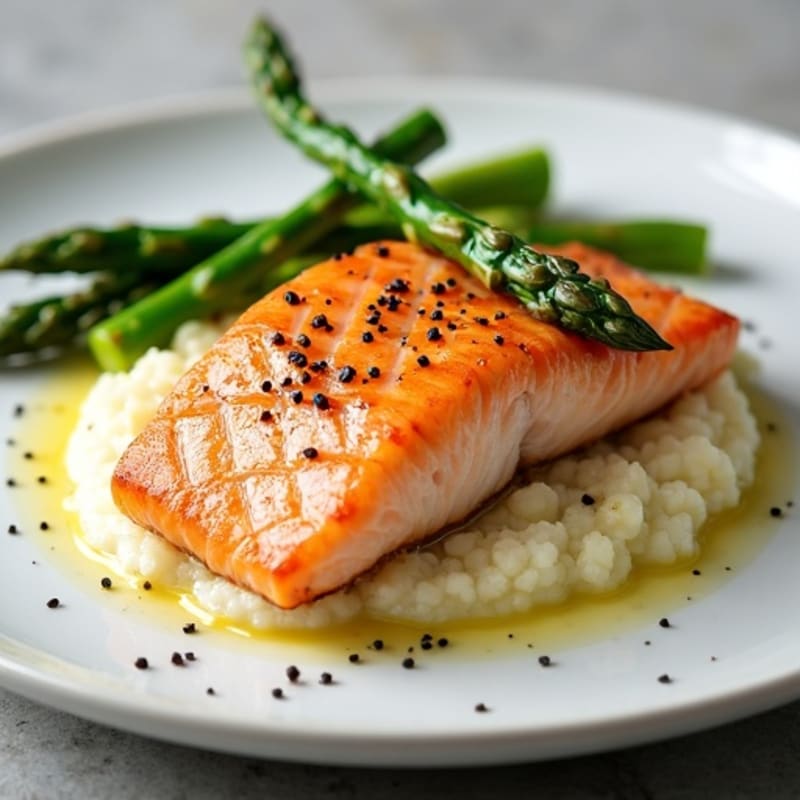 Seared Salmon with Steamed Asparagus and Cauliflower Mash