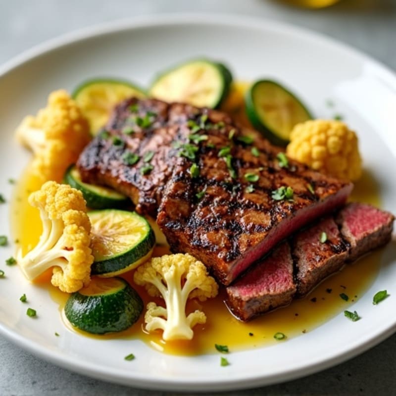Seared Lean Beef Strips with Roasted Cauliflower and Zucchini