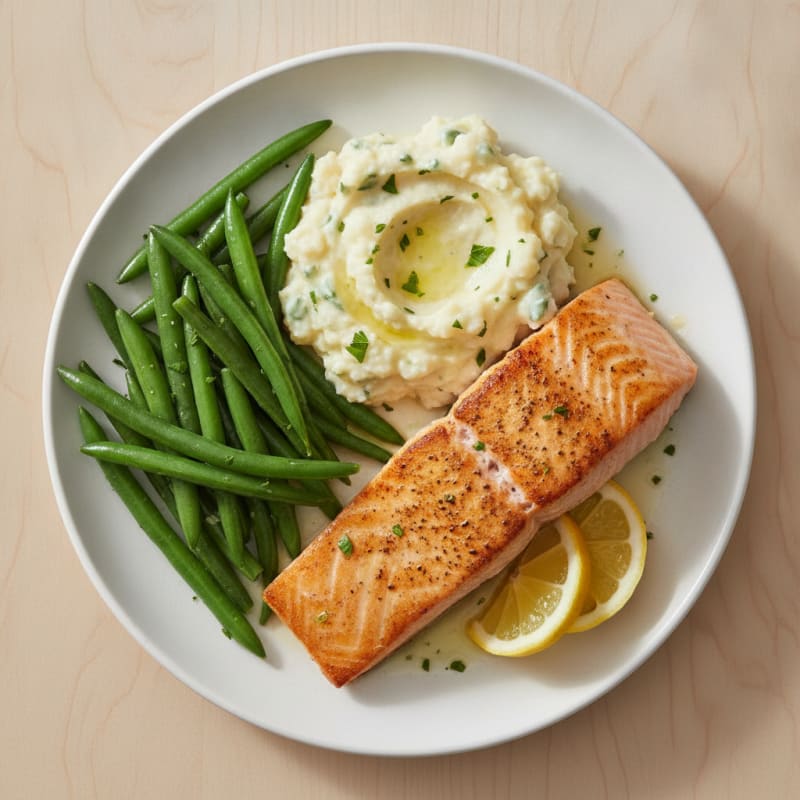 Seared Salmon with Steamed Green Beans and Garlic Mashed Cauliflower