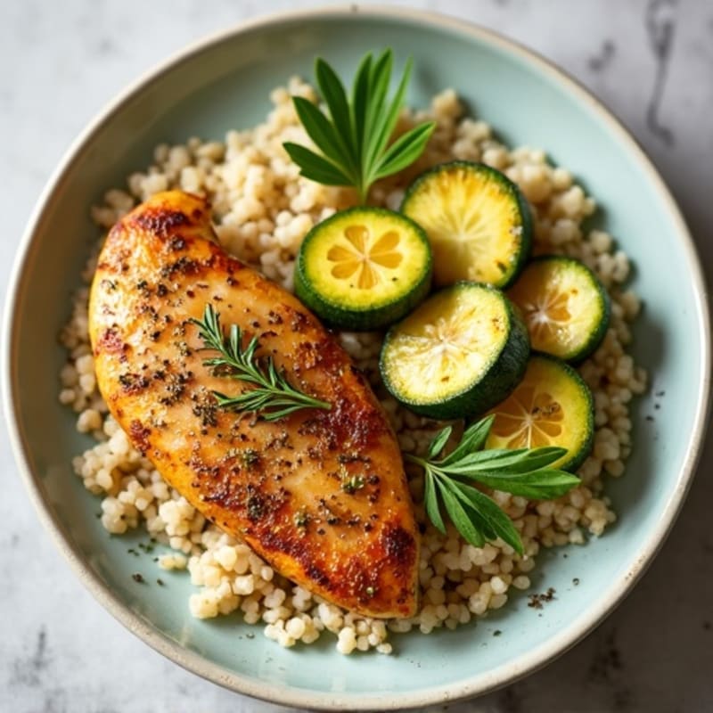 Pan-Seared Lemon-Herb Chicken Breast with Roasted Zucchini and Fluffy Bulgur