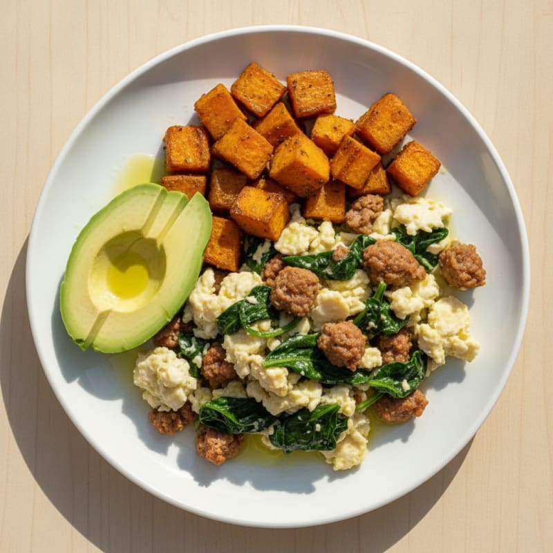 Egg White Scramble with Turkey Sausage and Sautéed Spinach