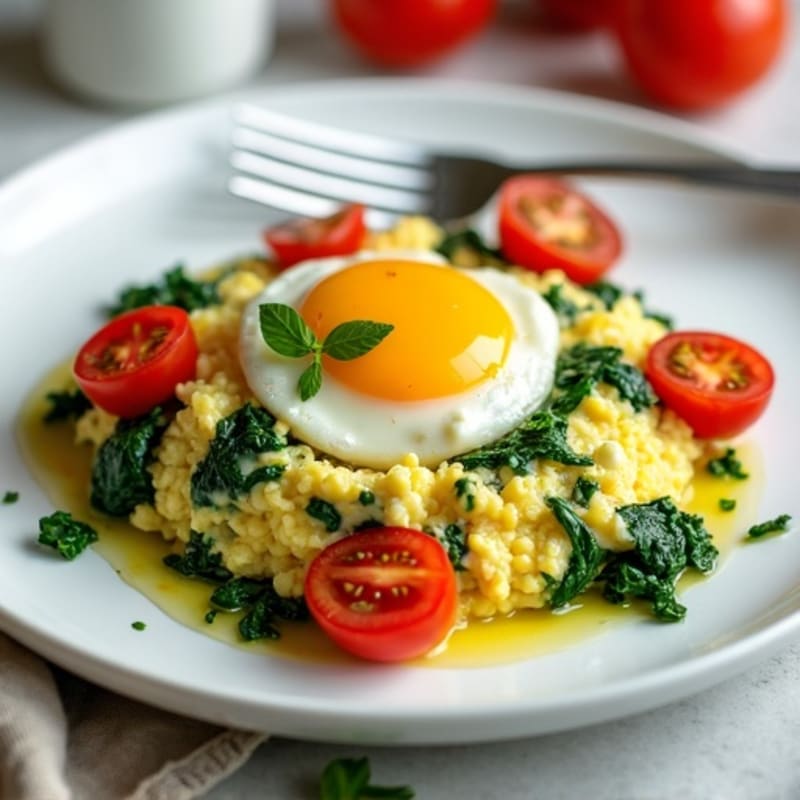 Cottage Cheese Egg Scramble with Spinach and Cherry Tomatoes