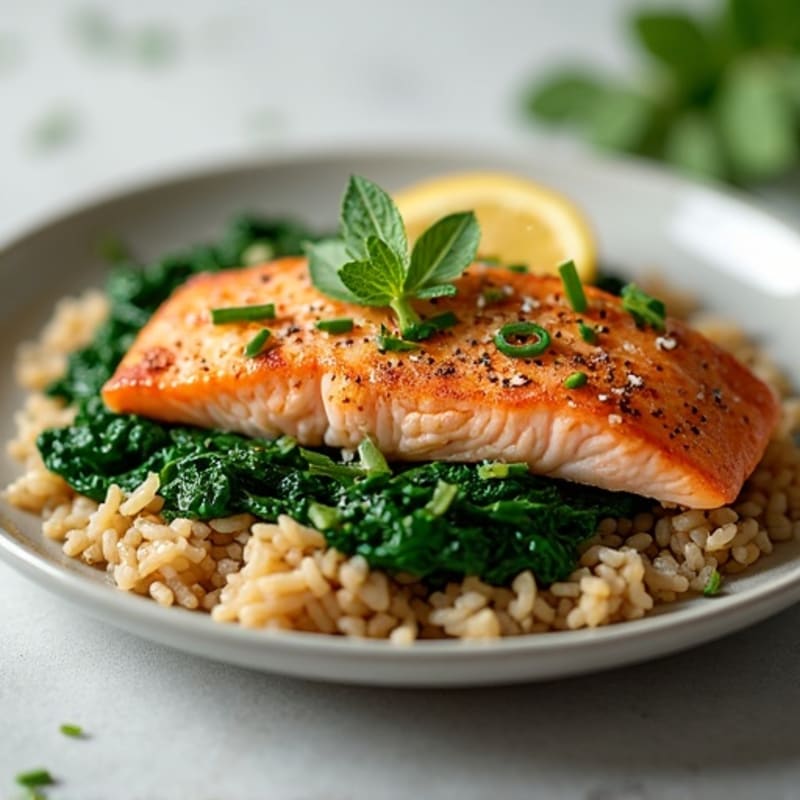 Seared Salmon with Garlic Spinach and Brown Rice
