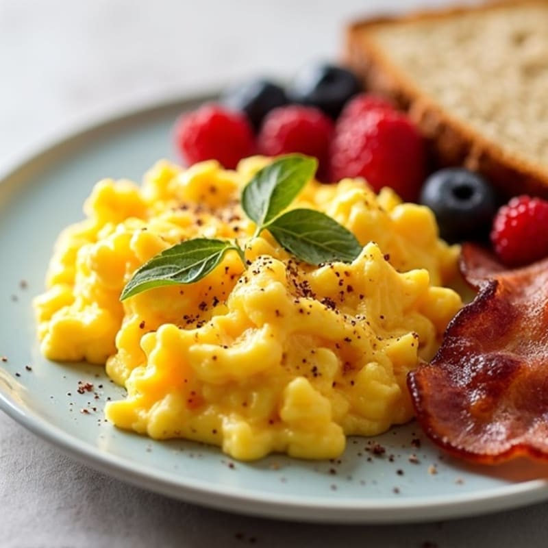 Fluffy Scrambled Eggs with Crispy Turkey Bacon, Light Toast, and Sweet Berry Medley