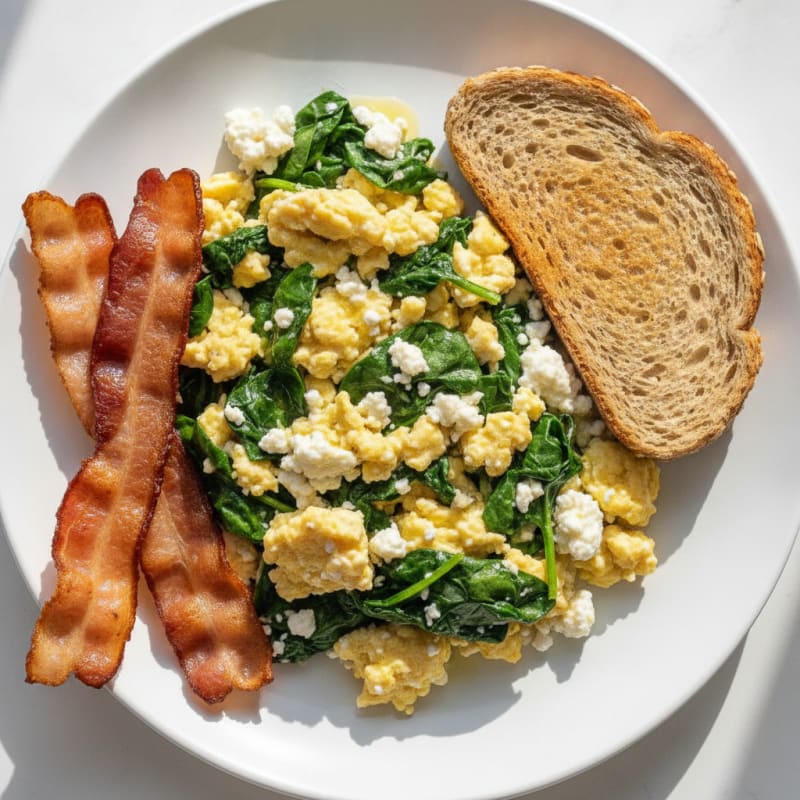 Cottage Cheese Scramble with Turkey Bacon and Spinach