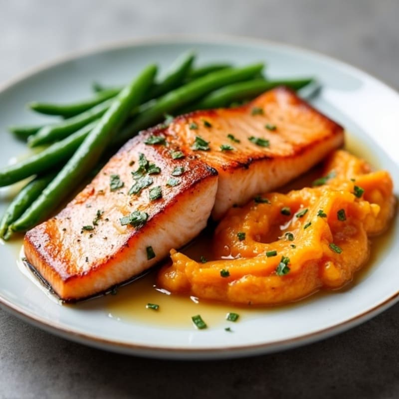 Seared Salmon with Garlic Green Beans and Sweet Potato Mash