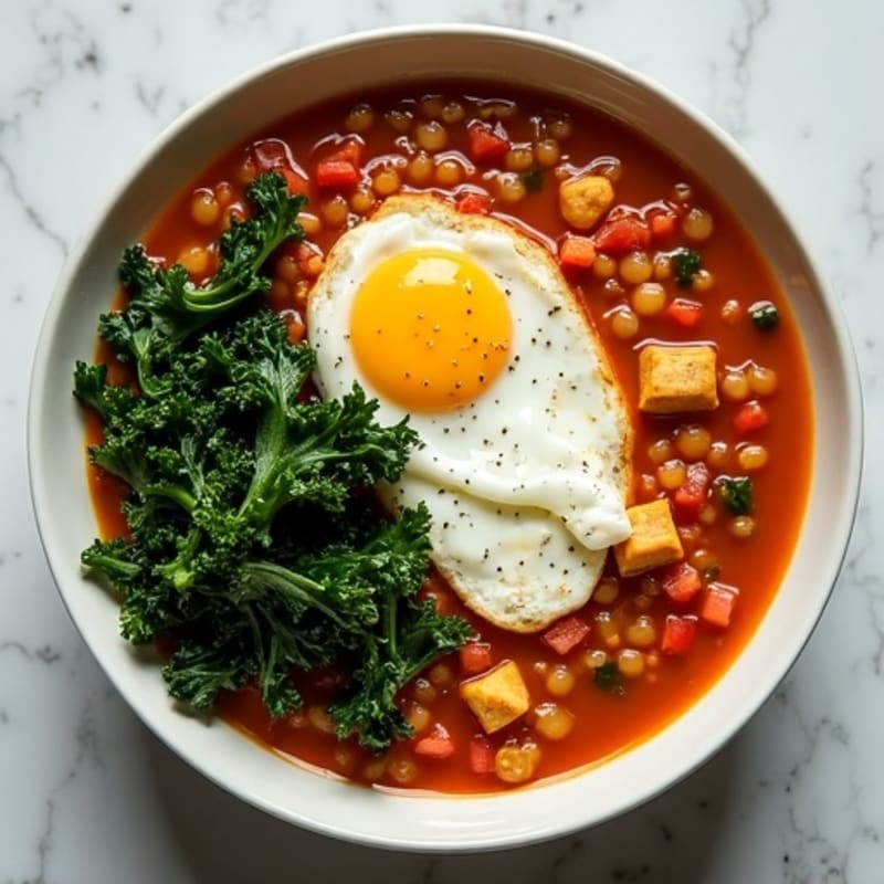 Silky Lentil Stew with Poached Eggs and Sautéed Kale