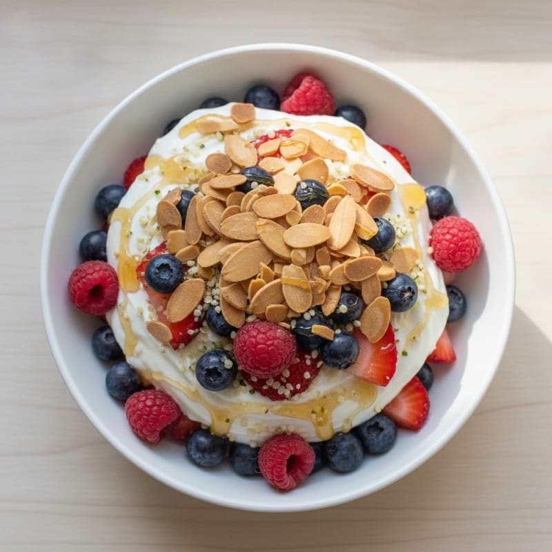Greek Yogurt Protein Parfait with Mixed Berries and Almonds