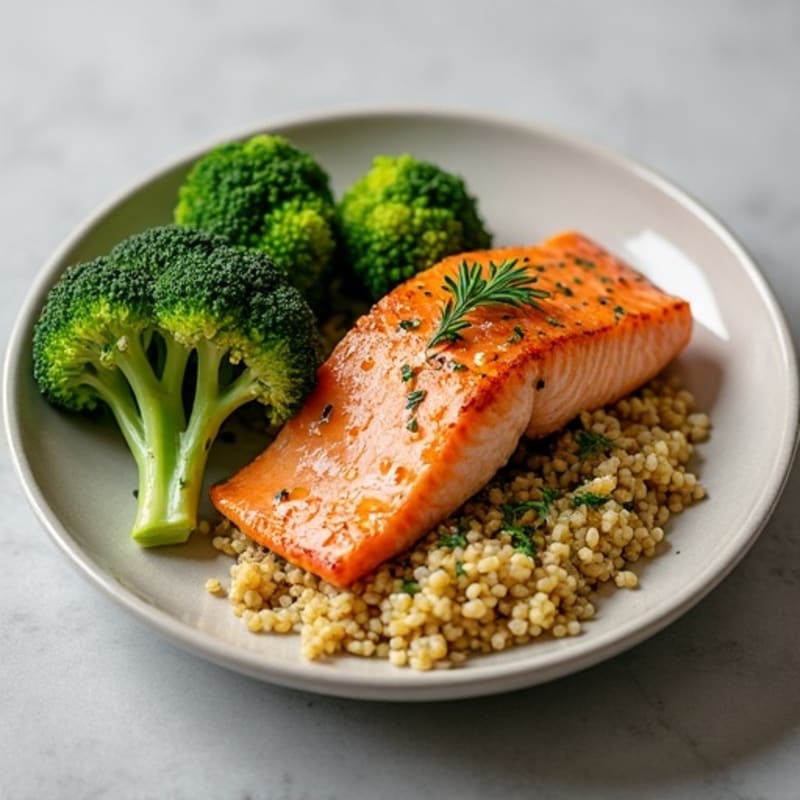 Seared Salmon Fillet with Roasted Broccoli and Garlic Quinoa
