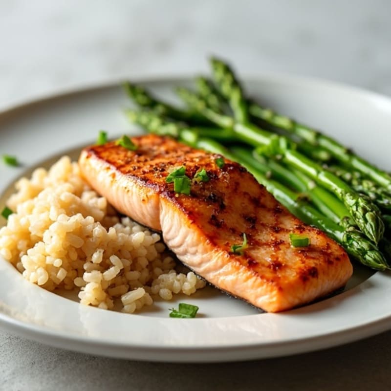 Seared Salmon Fillet with Steamed Asparagus and Brown Rice