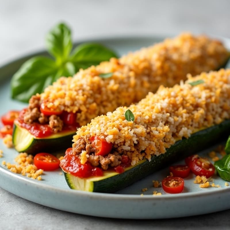 Hearty Lean Meat Lovers Stuffed Zucchini Boats with Crispy Topping