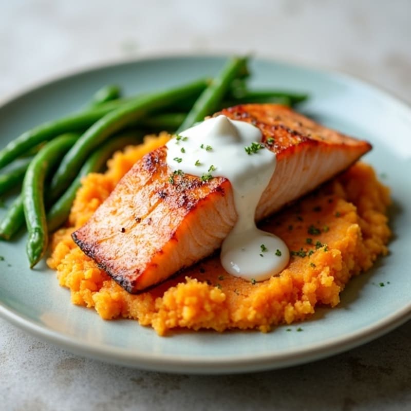 Seared Salmon with Garlic Green Beans and Sweet Potato Mash