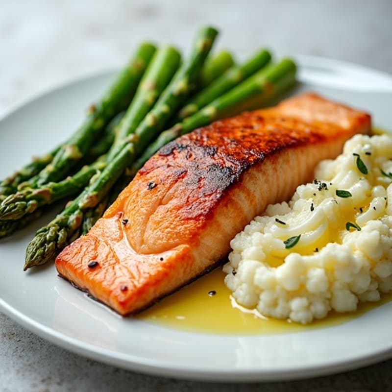 Seared Salmon with Steamed Asparagus and Cauliflower Mash