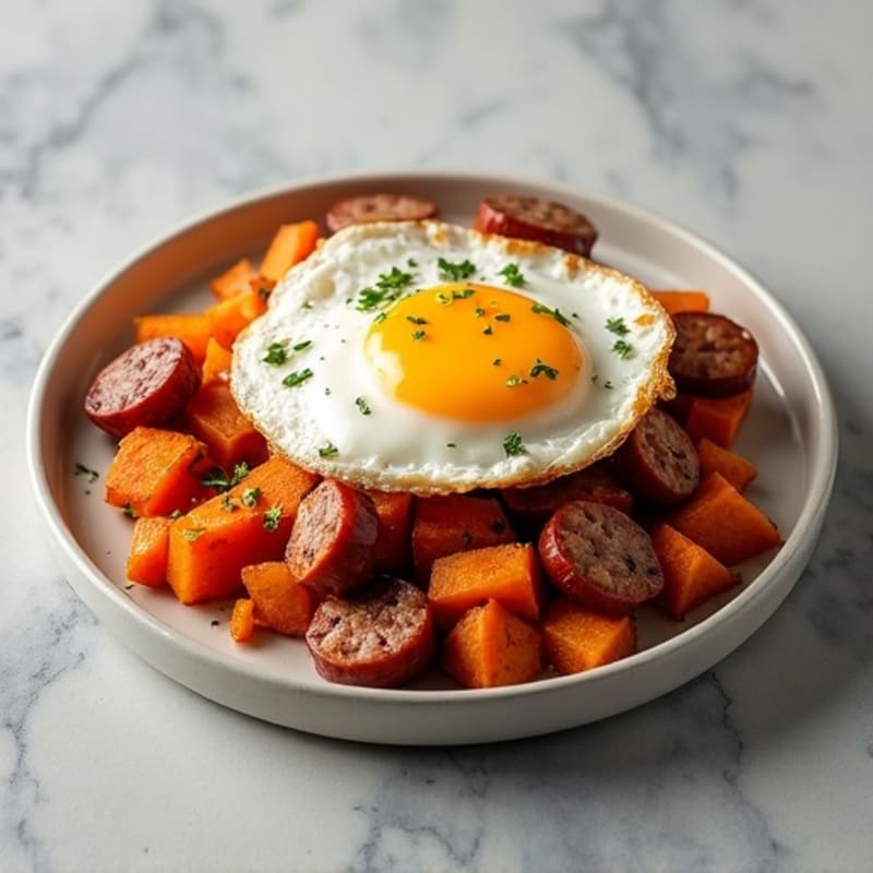 Sweet Potato and Turkey Sausage Hash with Crispy Eggs