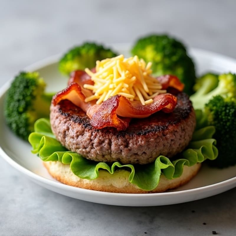 Lean Beef Burger Plate with Crispy Turkey Bacon and Cheesy Roasted Broccoli