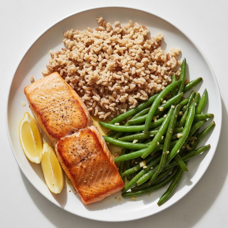 Seared Salmon Fillet with Garlic Green Beans and Brown Rice