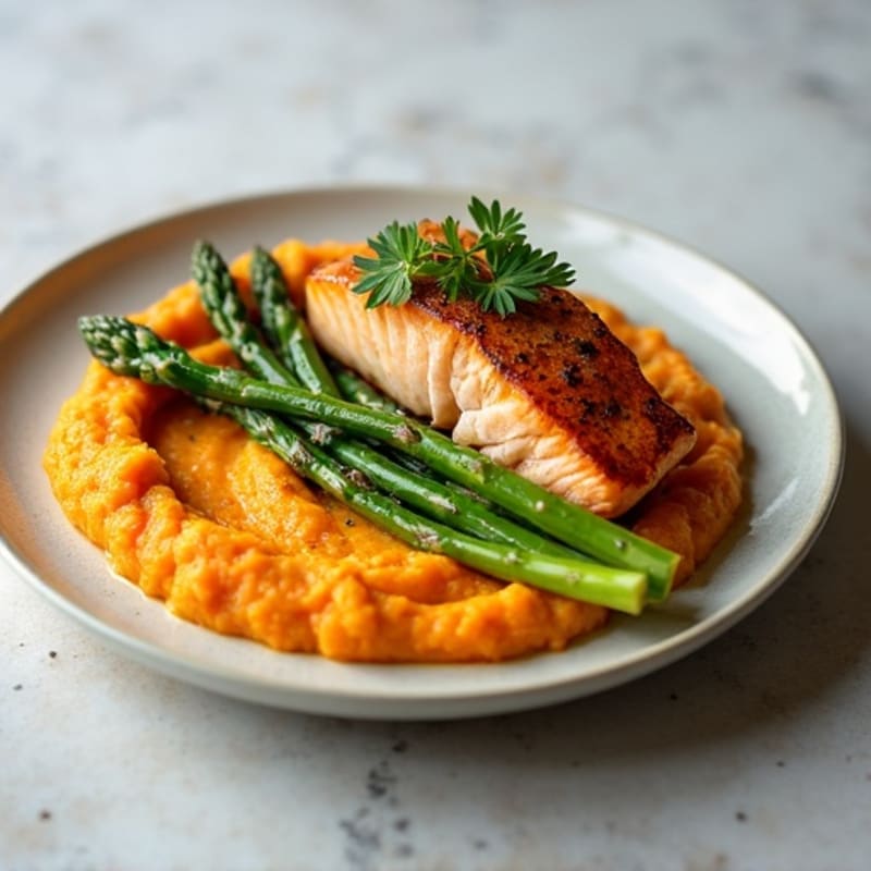 Seared Salmon with Sautéed Asparagus and Sweet Potato Mash