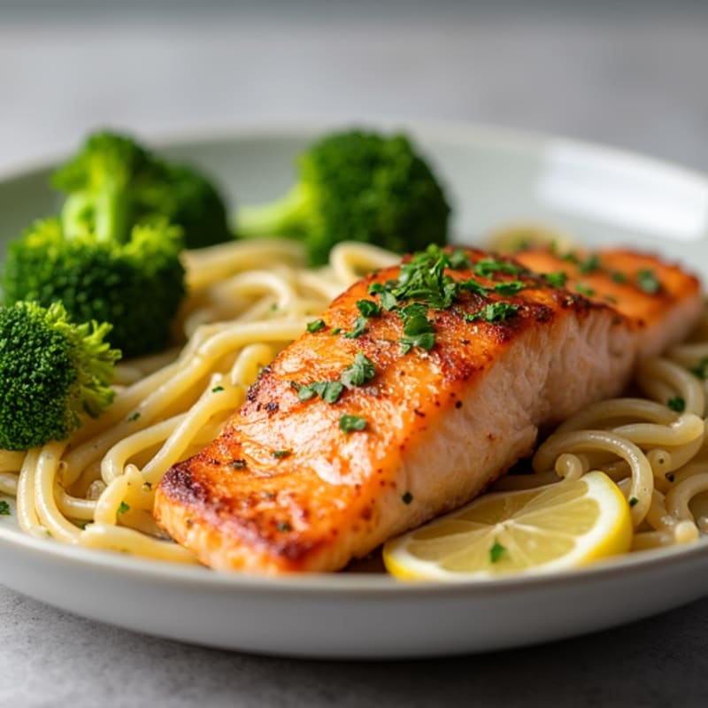 Seared Salmon with Lemon Garlic Pasta and Steamed Broccoli
