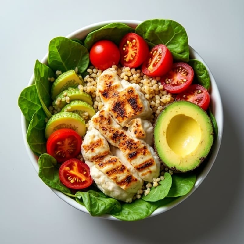 Grilled Chicken and Quinoa Bowl with Fresh Spinach and Cherry Tomatoes