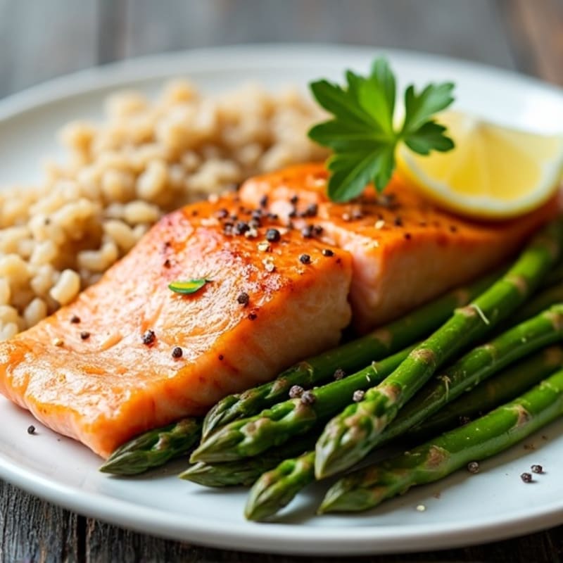 Seared Salmon with Steamed Asparagus and Brown Rice