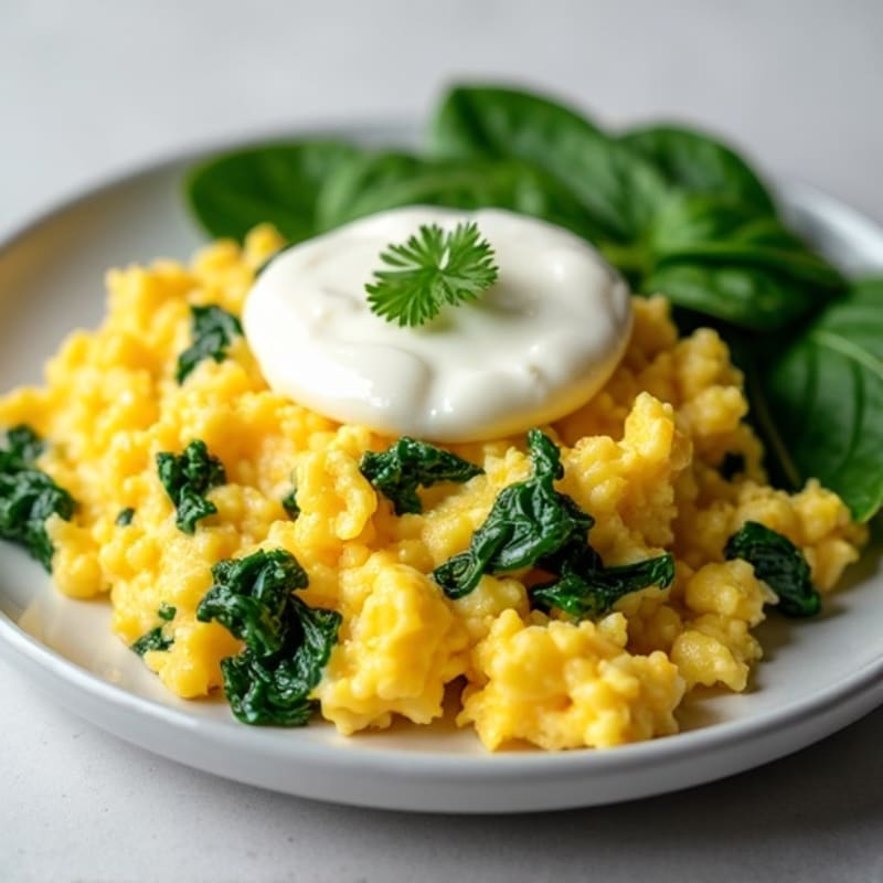 Creamy Scrambled Eggs with Cottage Cheese and Sautéed Spinach