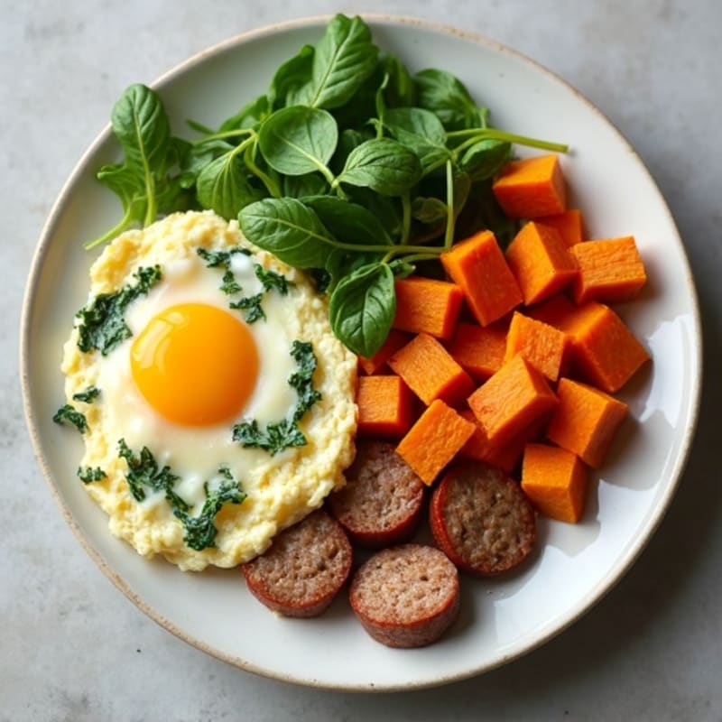 Egg White Spinach Scramble with Turkey Sausage and Sweet Potato Hash
