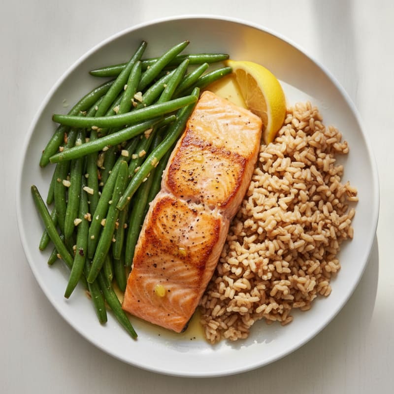 Seared Salmon Fillet with Garlic Green Beans and Brown Rice