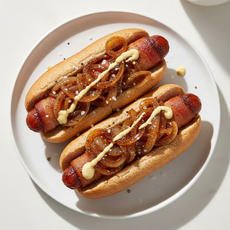 Bacon-Wrapped Hot Dogs with Caramelized Onions