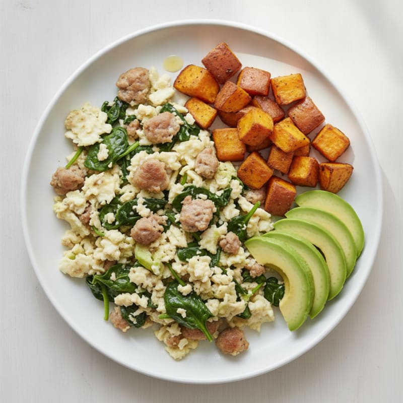 Egg White and Turkey Sausage Scramble with Sautéed Spinach