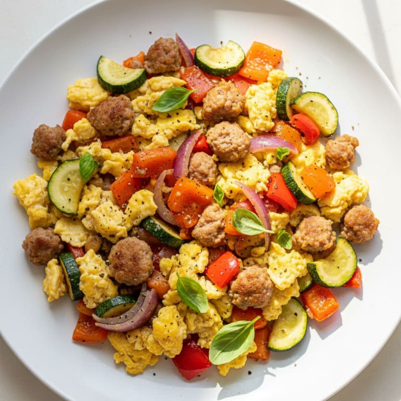 Scrambled Eggs with Sausage and Roasted Vegetables