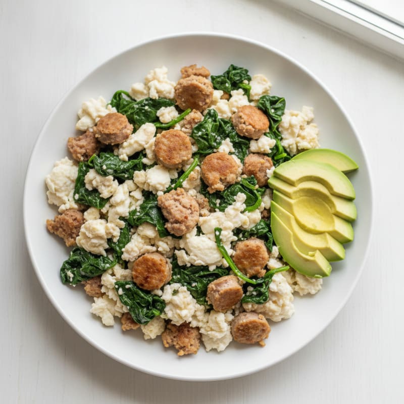 Egg White Scramble with Turkey Sausage and Sautéed Spinach