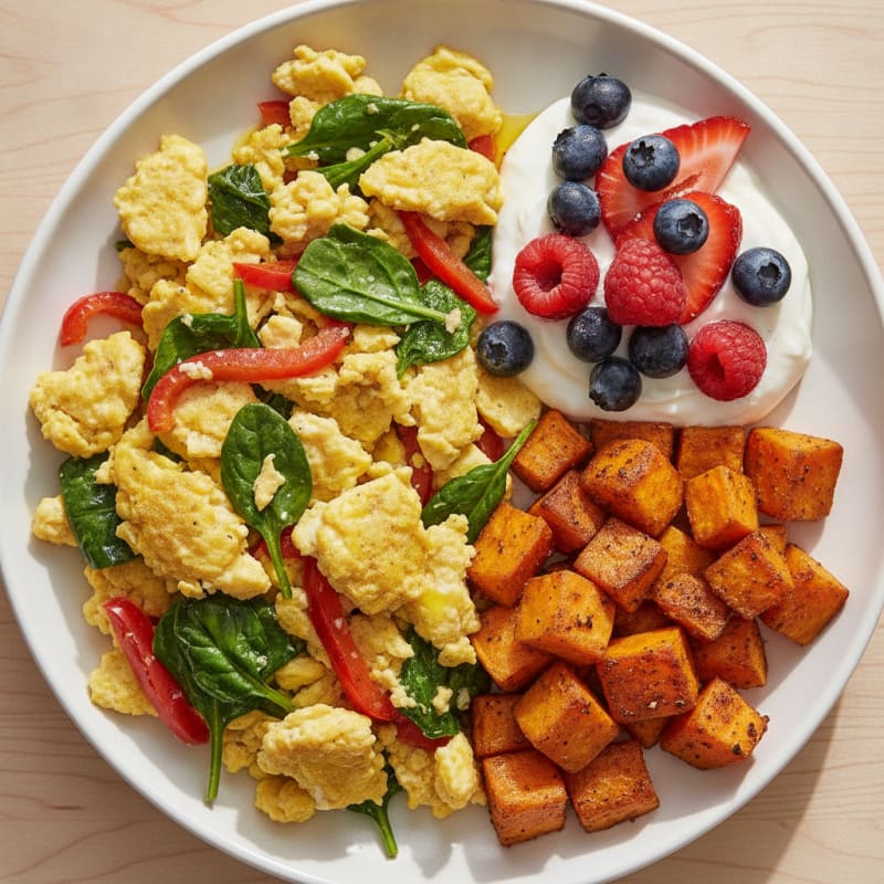 Egg and Spinach Scramble with Greek Yogurt and Berries