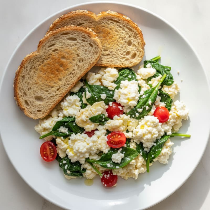 Egg White Spinach Scramble with Cottage Cheese and Tomatoes