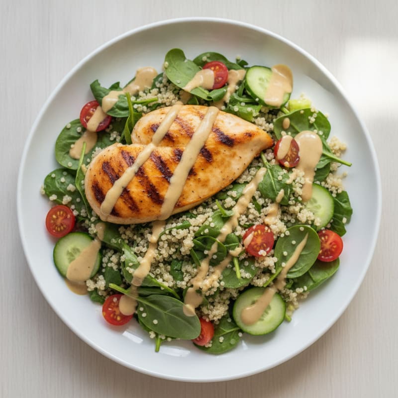 Grilled Chicken Breast with Creamy Quinoa Spinach Salad