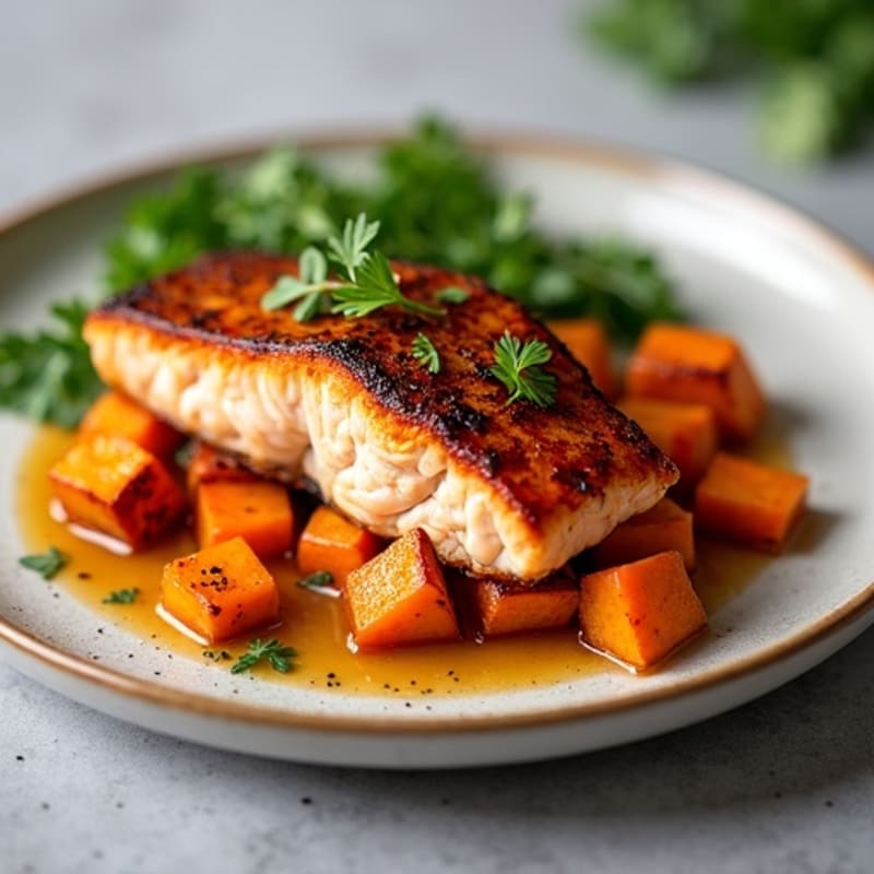 Maple-Glazed Crispy Salmon with Roasted Sweet Potatoes