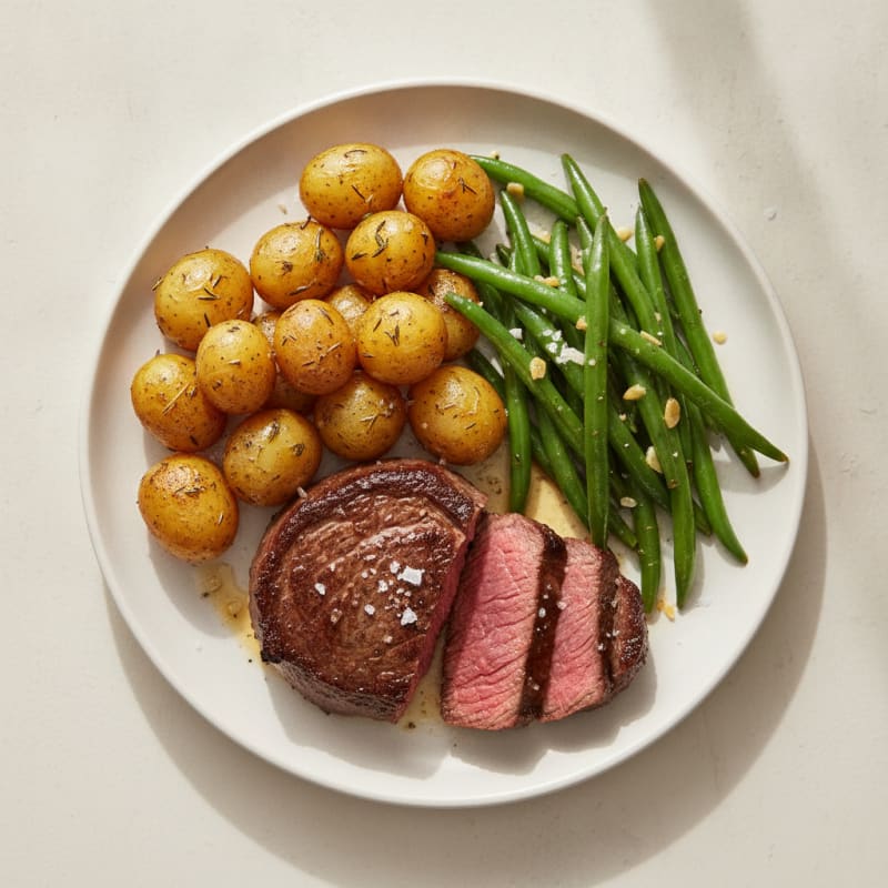 Seared Steak with Garlic Green Beans and Herb-Roasted Potatoes