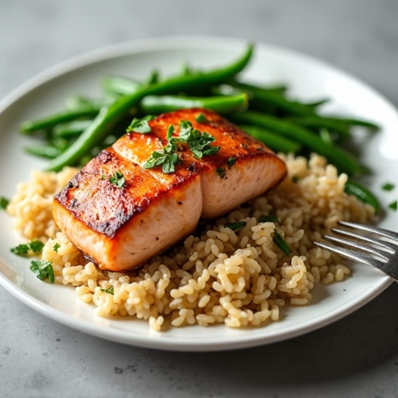 Seared Salmon with Garlic Green Beans and Brown Rice