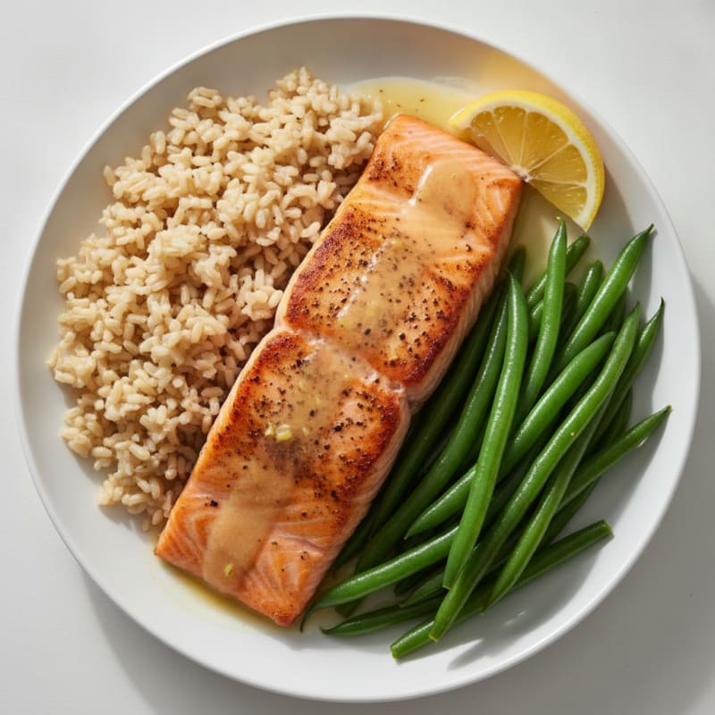 Seared Salmon with Steamed Green Beans and Brown Rice
