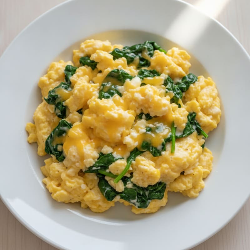 Creamy Scrambled Eggs with Sautéed Spinach and Cheddar