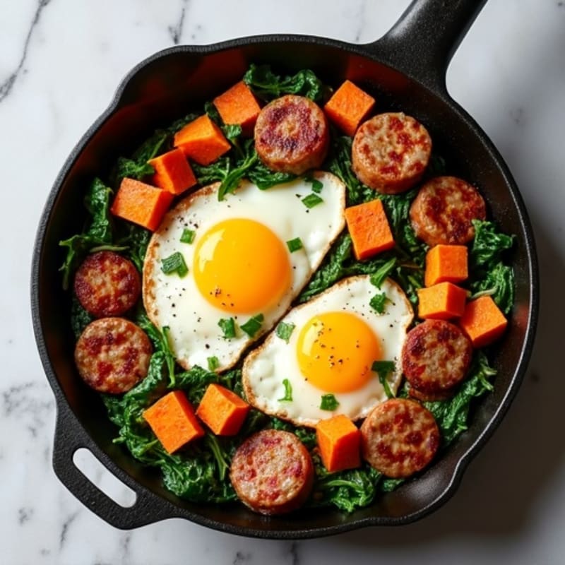 Hearty Breakfast Skillet with Eggs, Crispy Sweet Potatoes, and Lean Turkey Sausage