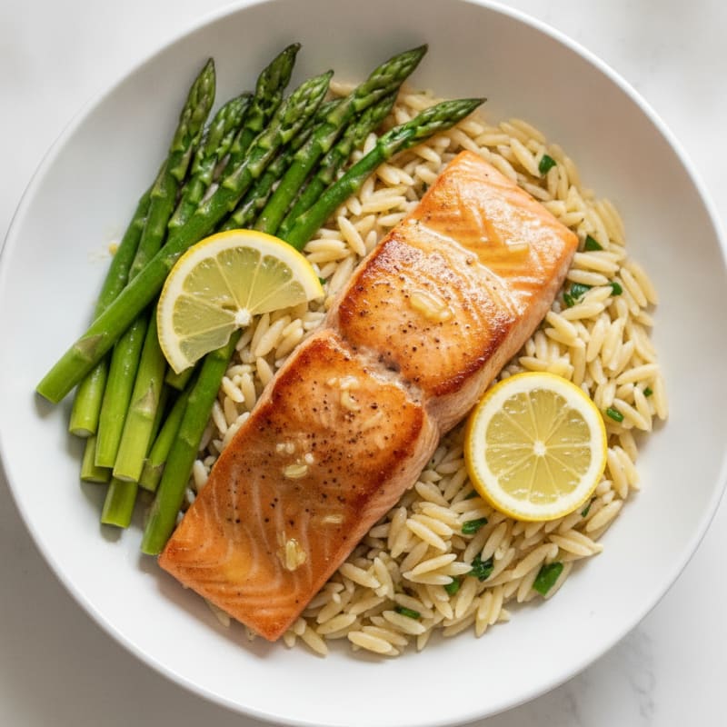 Seared Salmon with Lemon-Garlic Quinoa and Steamed Asparagus