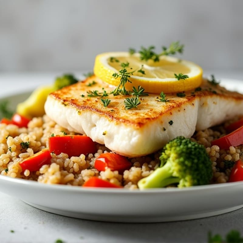 Lemon Herb Roasted Cod with Brown Rice and Roasted Vegetables