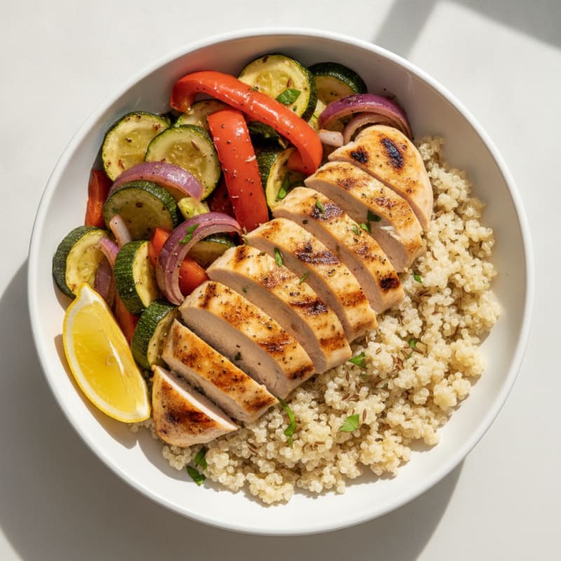 Grilled Chicken and Quinoa Bowl with Roasted Vegetables