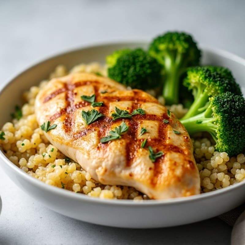 Grilled Lemon-Garlic Chicken Breast with Quinoa and Steamed Broccoli