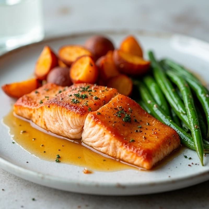 Honey-Glazed Salmon with Roasted Sweet Potatoes and Crispy Green Beans