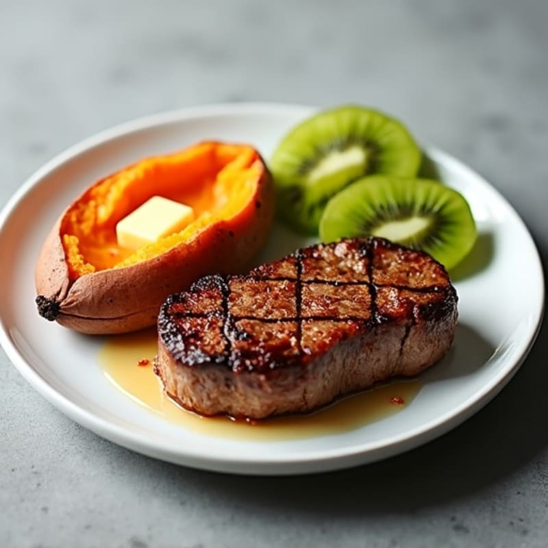 Seared Steak with Buttery Baked Sweet Potato and Fresh Sliced Kiwi
