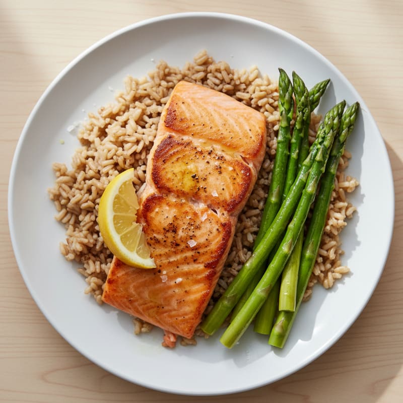 Seared Salmon Fillet with Steamed Asparagus and Brown Rice