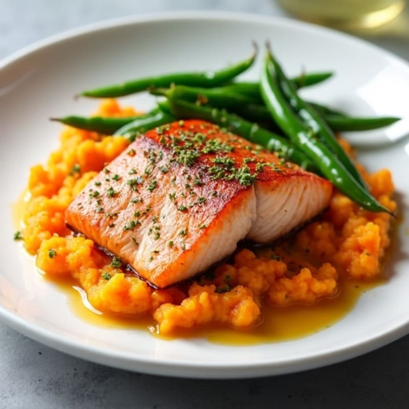 Seared Salmon with Steamed Green Beans and Sweet Potato Mash