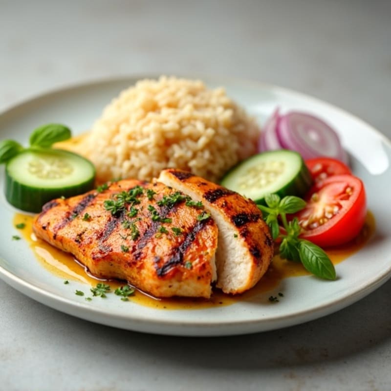 Grilled Tandoori Chicken Breast with Cucumber Tomato Salad and Basmati Rice
