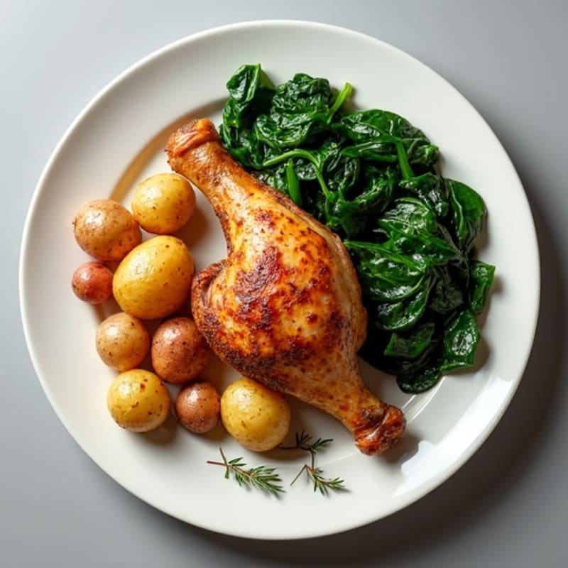 Crispy Roasted Chicken Leg with Herb Potatoes and Sautéed Spinach